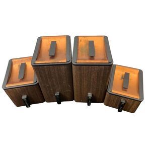 Vintage Mid Century Modern Kromex Tin/Copper/Vinyl Wood Grain Kitchen Canisters
